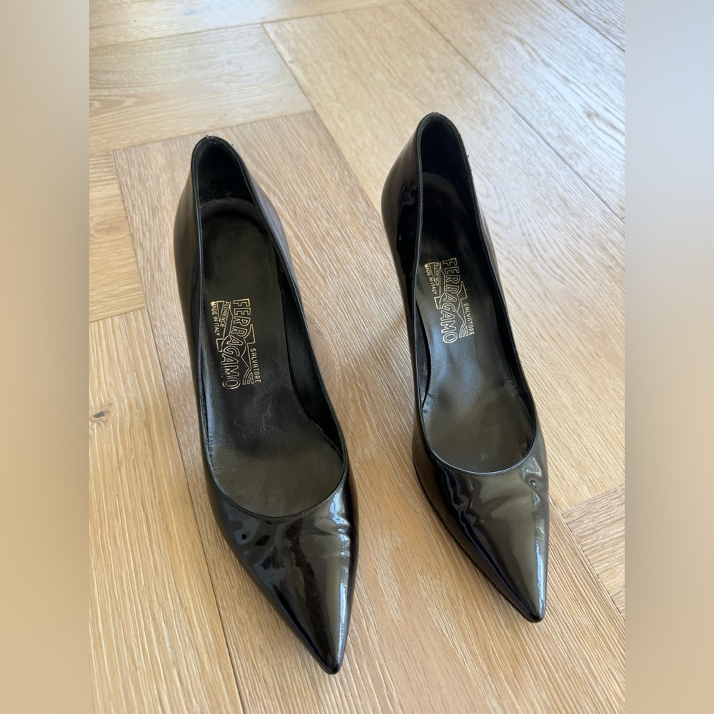 Salvatore Ferragamo Black Patent Pointed-Toe Pumps